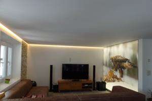 Privatwohnung mit bedr. Lichtwand und matt weisse Spanndecke mit Lichtvouten als Grundbeleuchtung